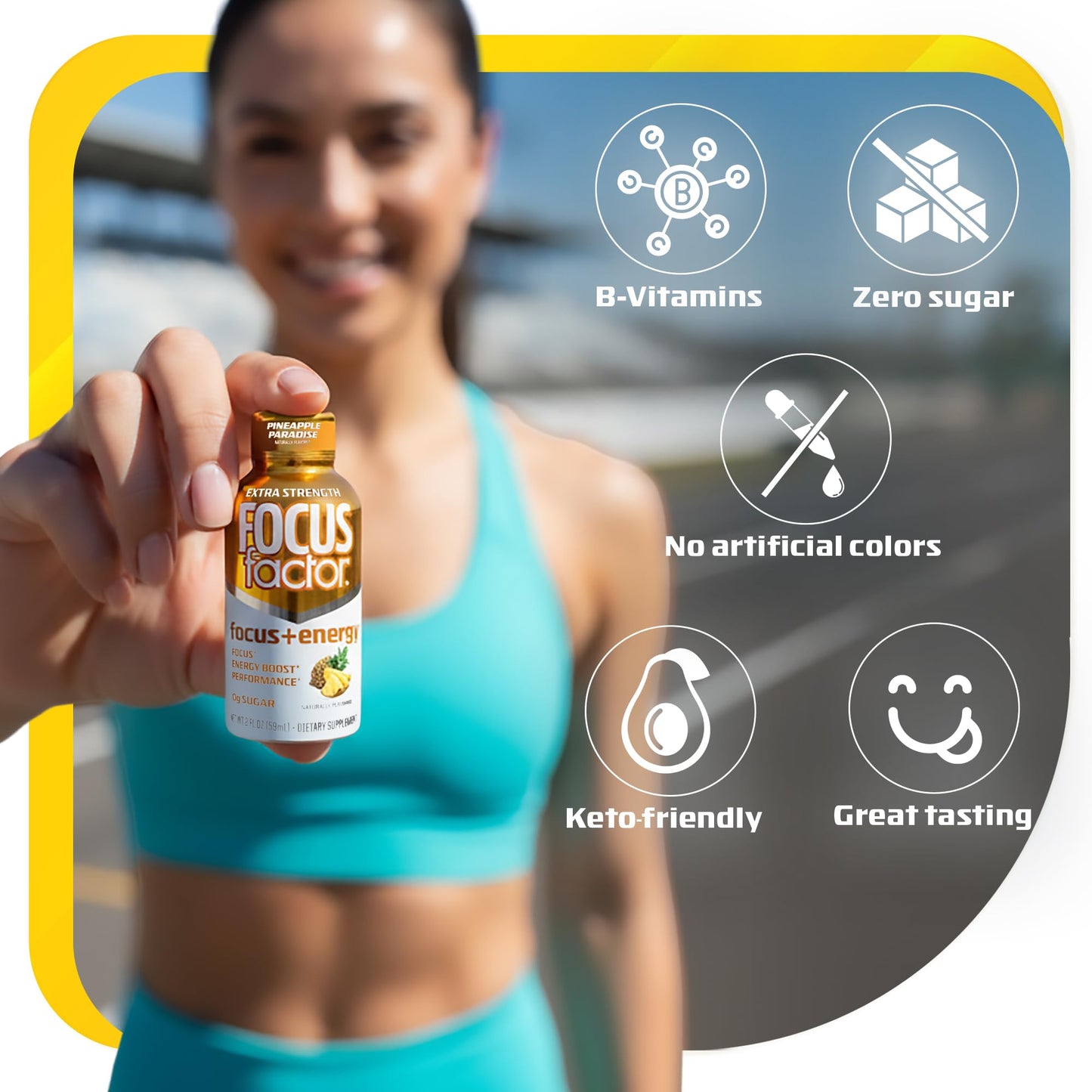 Focus Factor Extra Strength Focus + Energy Shots - 12 x 2oz Bottles (Pineapple Paradise Flavor) - Powered by Nootropics with Caffeine, L-Theanine, Ginkgo, Bacopa, L-Tyrosine, Alpha GPC - Maple Wellness Supplements
