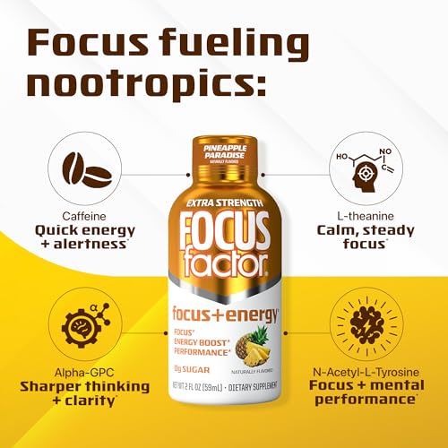 Focus Factor Extra Strength Focus + Energy Shots - 12 x 2oz Bottles (Pineapple Paradise Flavor) - Powered by Nootropics with Caffeine, L-Theanine, Ginkgo, Bacopa, L-Tyrosine, Alpha GPC - Maple Wellness Supplements