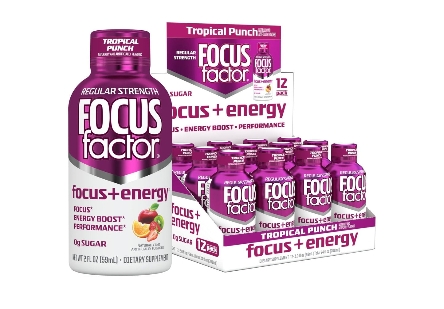 Focus Factor Focus + Energy Shots - 12 x 2oz Bottles (Tropical Punch Flavor) - Powered by Nootropics with Caffeine, L-Theanine, Ginkgo, Bacopa, L-Tyrosine, Alpha GPC - Maple Wellness Supplements