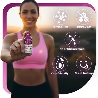 Focus Factor Focus + Energy Shots - 12 x 2oz Bottles (Tropical Punch Flavor) - Powered by Nootropics with Caffeine, L-Theanine, Ginkgo, Bacopa, L-Tyrosine, Alpha GPC - Maple Wellness Supplements