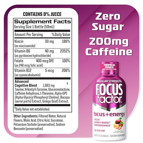 Focus Factor Focus + Energy Shots - 12 x 2oz Bottles (Tropical Punch Flavor) - Powered by Nootropics with Caffeine, L-Theanine, Ginkgo, Bacopa, L-Tyrosine, Alpha GPC - Maple Wellness Supplements