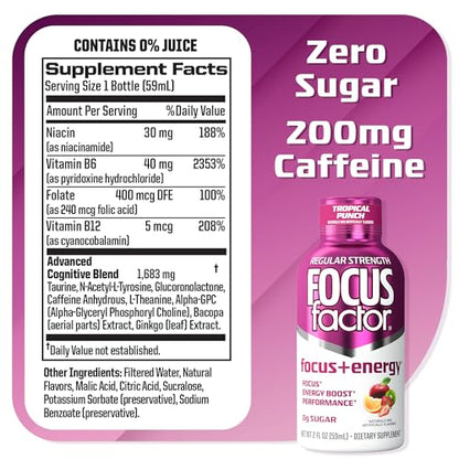 Focus Factor Focus + Energy Shots - 12 x 2oz Bottles (Tropical Punch Flavor) - Powered by Nootropics with Caffeine, L-Theanine, Ginkgo, Bacopa, L-Tyrosine, Alpha GPC - Maple Wellness Supplements