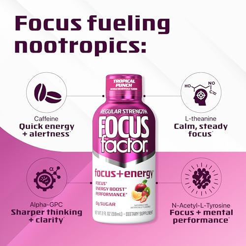 Focus Factor Focus + Energy Shots - 12 x 2oz Bottles (Tropical Punch Flavor) - Powered by Nootropics with Caffeine, L-Theanine, Ginkgo, Bacopa, L-Tyrosine, Alpha GPC - Maple Wellness Supplements