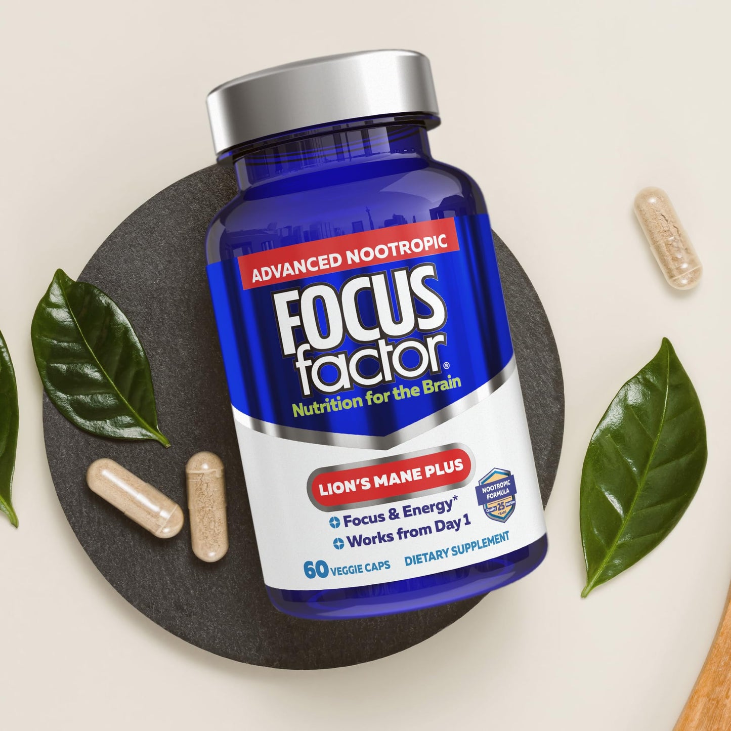 Focus Factor Lions Mane Plus, Advanced Nootropic with L-Theanine, Caffeine, Focus and Energy (60 Count) - Maple Wellness Supplements