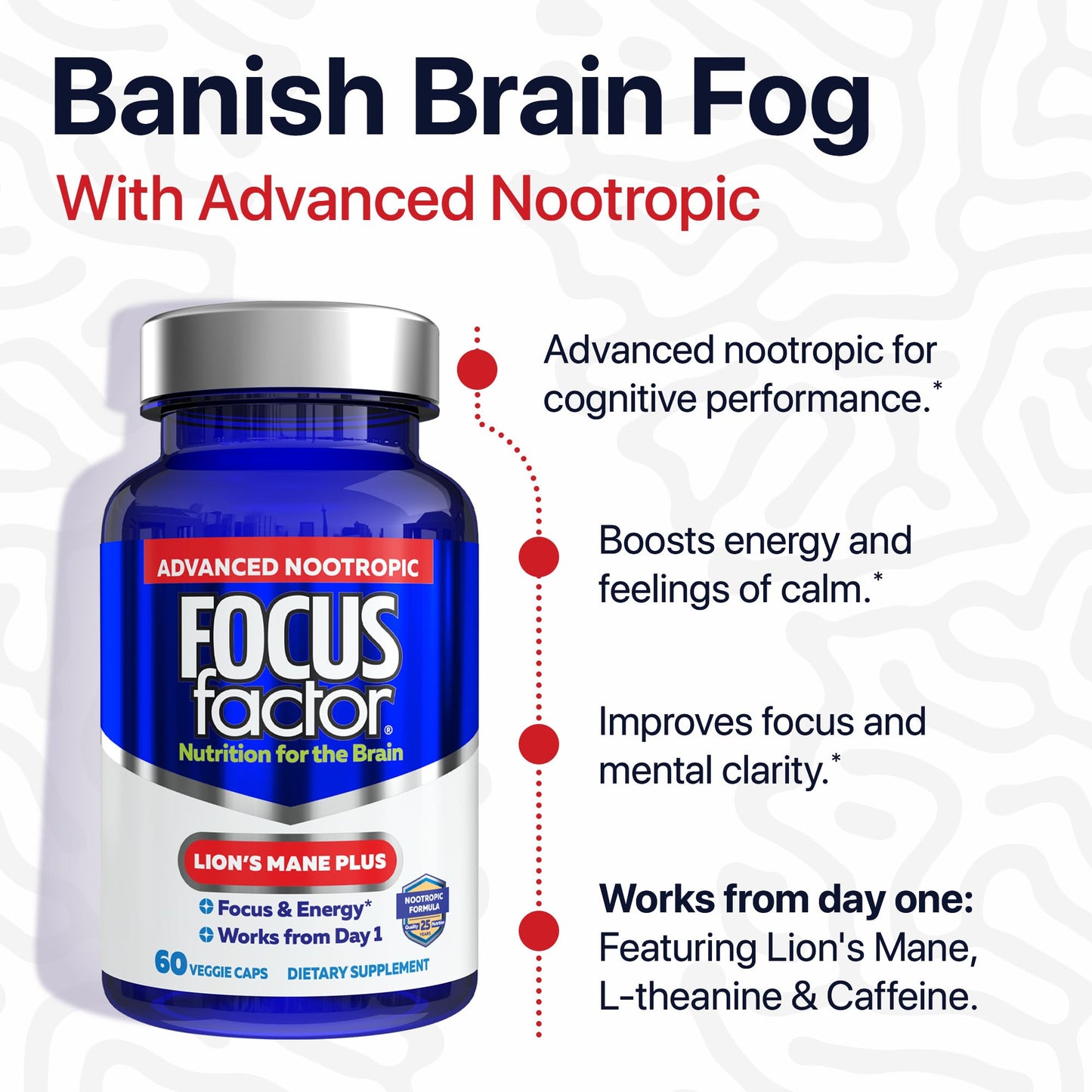 Focus Factor Lions Mane Plus, Advanced Nootropic with L-Theanine, Caffeine, Focus and Energy (60 Count) - Maple Wellness Supplements