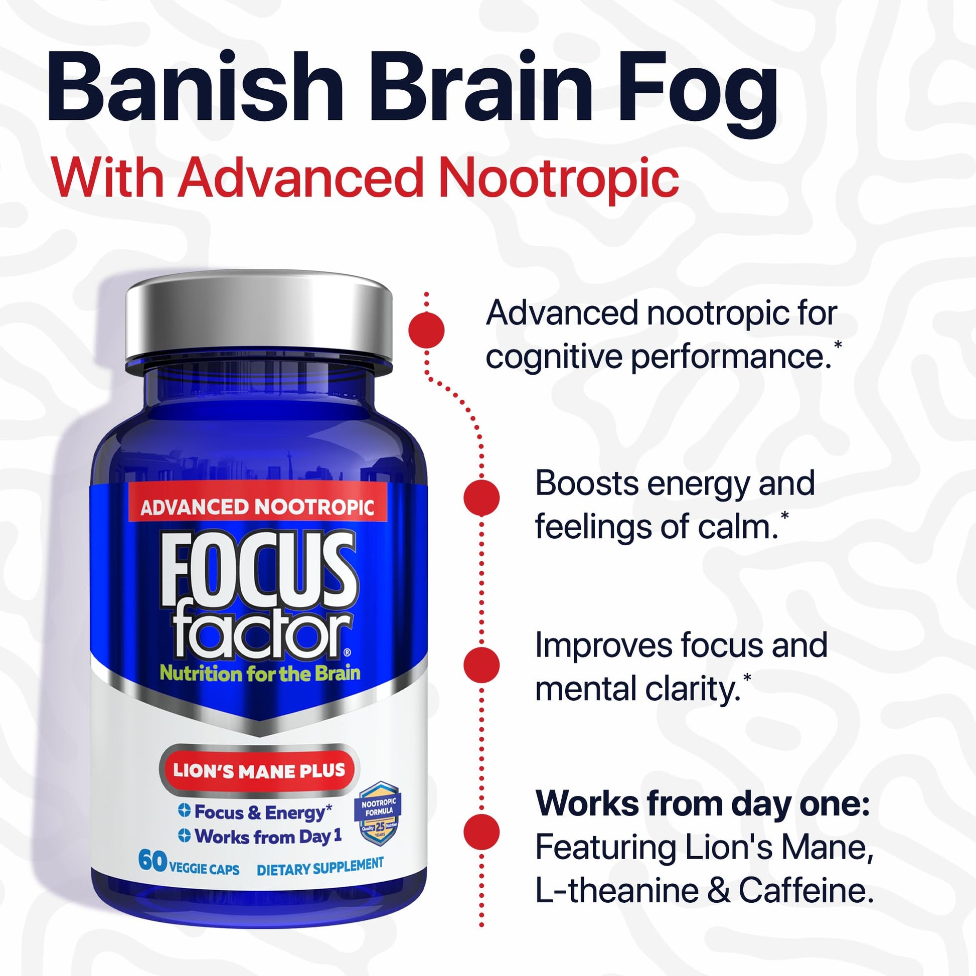 Focus Factor Lions Mane Plus, Advanced Nootropic with L-Theanine, Caffeine, Focus and Energy (60 Count) - Maple Wellness Supplements