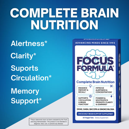 Focus Formula Nootropic Brain Supplement, Focus Capsules for Concentration, Supports Energy, Brain Booster with GABA, DMAE, and BACOPA, Memory Support Supplement, Cognitive Support, 60 Veggie Tablets - Maple Wellness Supplements