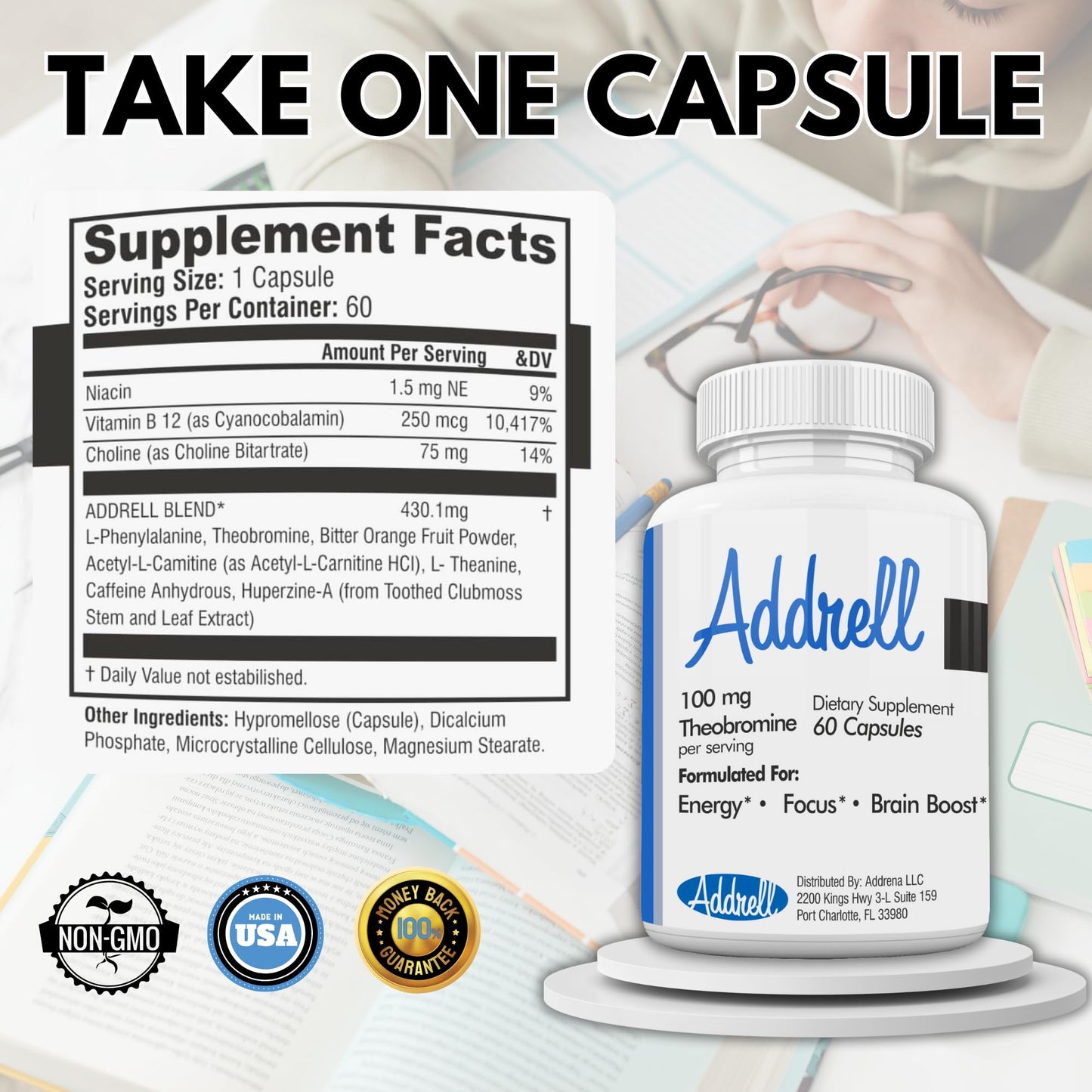 Focus Pep Addrell Energy Stimulant Pills- Natural Nootropic Brain Supplement Alternative Pill & Study Supplements Substitute to Elevate Mental Clarity for Women & Men OTC- 60 Mind Booster Capsules - Maple Wellness Supplements