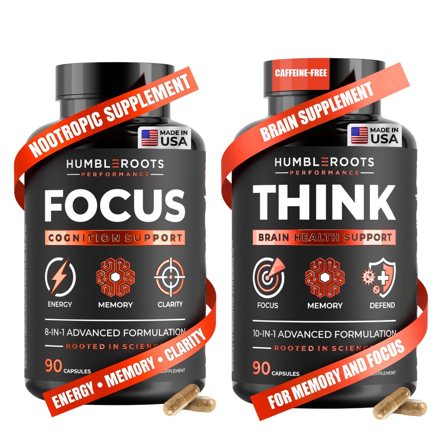 FOCUS + THINK Nootropic Brain Supplement Bundle - Energy, Memory & Focus Support - Caffeine + Caffeine-Free Cognitive Stack with Lion's Mane, Bacopa, Citicoline & L-Theanine - 2 Bottles (90 + 90 Capsu - Maple Wellness Supplements