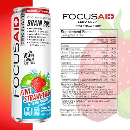 FOCUSAID ZERO SUGAR Nootropics Blend, Alpha-GPC, GABA, 100mg Natural Caffeine from Green Tea, Yerba Mate, Vitamin B-Complex, Keto-Friendly, No Artificial Sweeteners, 12 Fl Oz (Pack of 12) - Maple Wellness Supplements