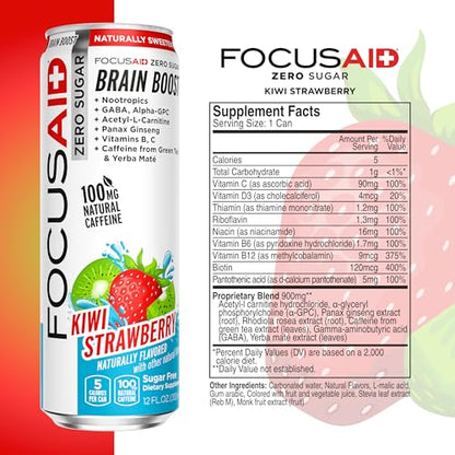 FOCUSAID ZERO SUGAR Nootropics Blend, Alpha-GPC, GABA, 100mg Natural Caffeine from Green Tea, Yerba Mate, Vitamin B-Complex, Keto-Friendly, No Artificial Sweeteners, 12 Fl Oz (Pack of 12) - Maple Wellness Supplements