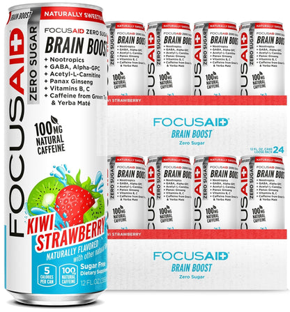 FOCUSAID ZERO SUGAR Nootropics Blend, Alpha-GPC, GABA, 100mg Natural Caffeine from Green Tea, Yerba Mate, Vitamin B-Complex, Keto-Friendly, No Artificial Sweeteners, 12 Fl Oz (Pack of 24) - Maple Wellness Supplements