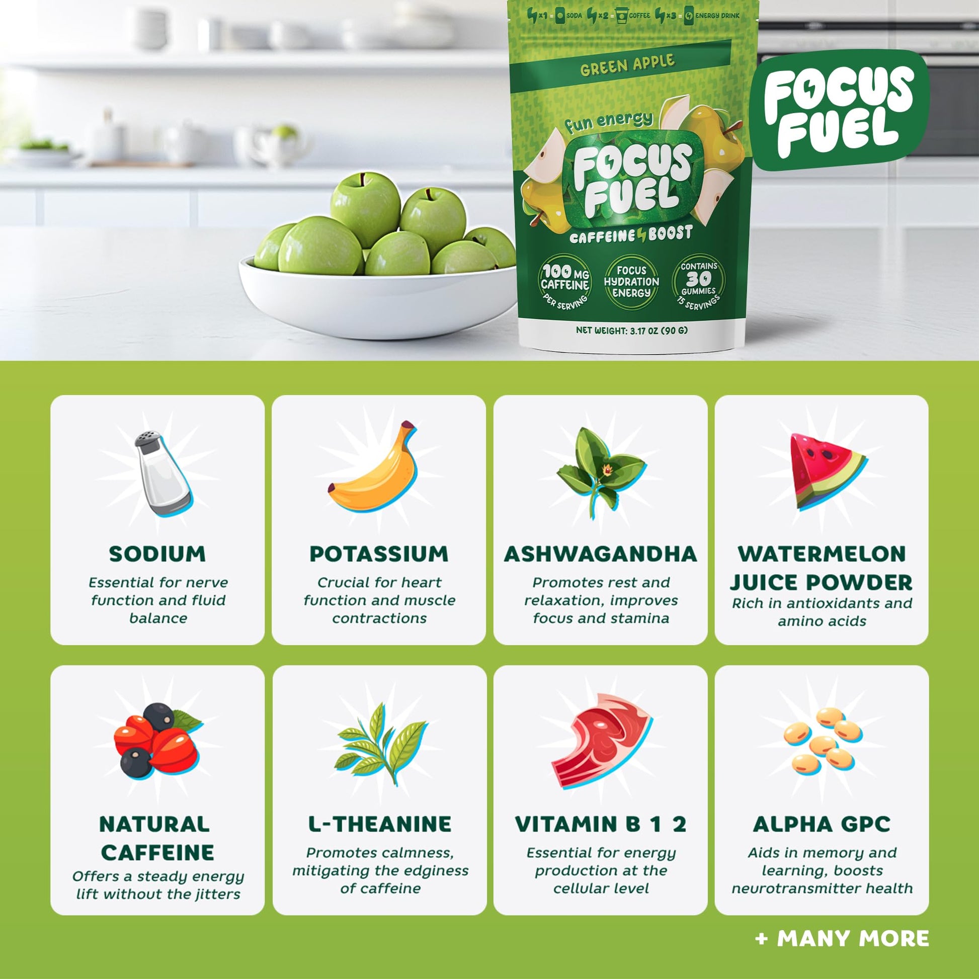 FocusFuel Energy Chews – Green Apple Flavor (15 Servings) – 100mg Caffeine + B12, Magnesium, Alpha GPC – Boost Focus & Energy – No Crash or Jitters - Maple Wellness Supplements