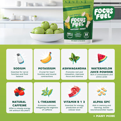 FocusFuel Energy Chews – Green Apple Flavor (15 Servings) – 100mg Caffeine + B12, Magnesium, Alpha GPC – Boost Focus & Energy – No Crash or Jitters - Maple Wellness Supplements