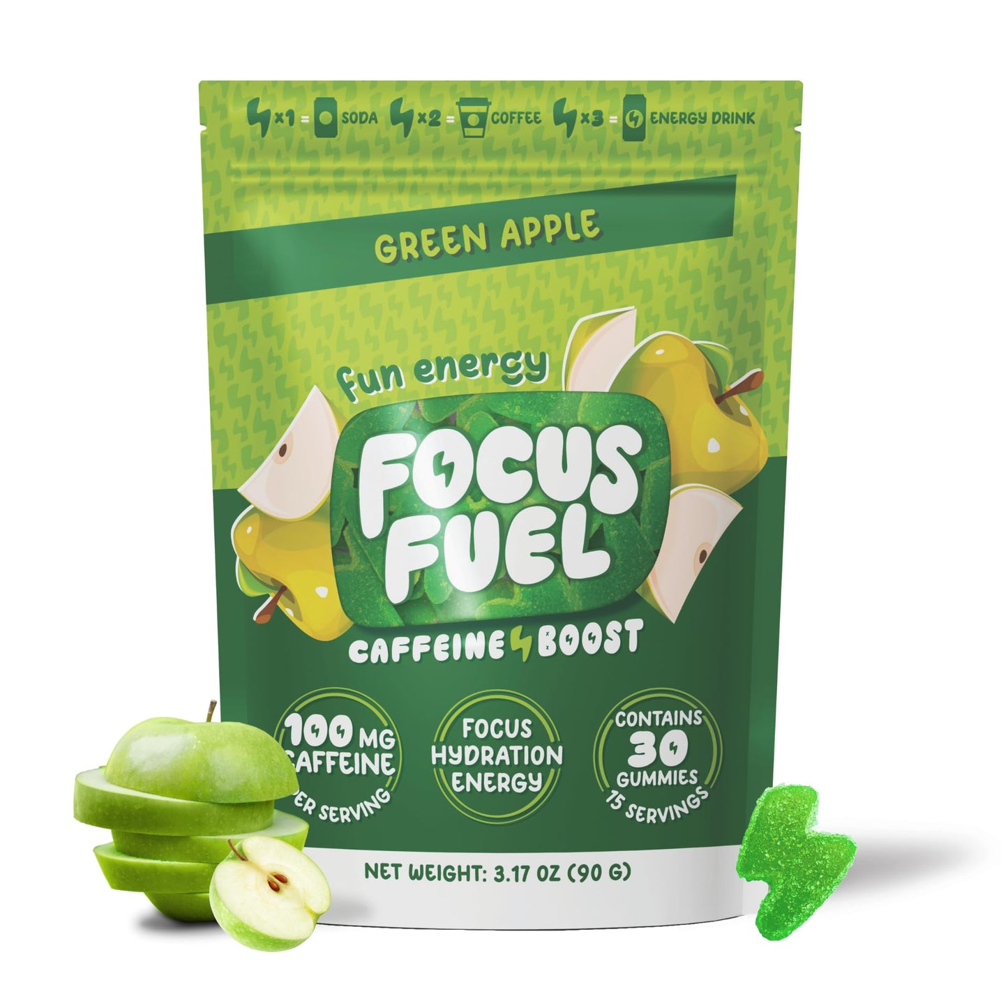 FocusFuel Energy Chews – Green Apple Flavor (15 Servings) – 100mg Caffeine + B12, Magnesium, Alpha GPC – Boost Focus & Energy – No Crash or Jitters - Maple Wellness Supplements