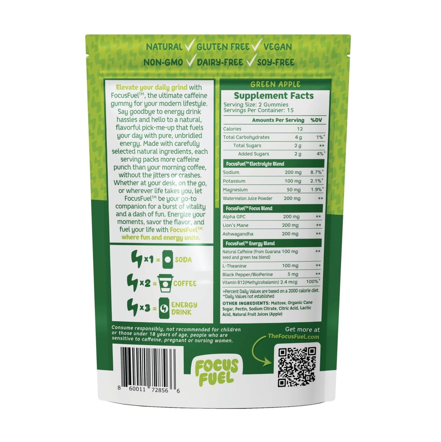 FocusFuel Energy Chews – Green Apple Flavor (15 Servings) – 100mg Caffeine + B12, Magnesium, Alpha GPC – Boost Focus & Energy – No Crash or Jitters - Maple Wellness Supplements
