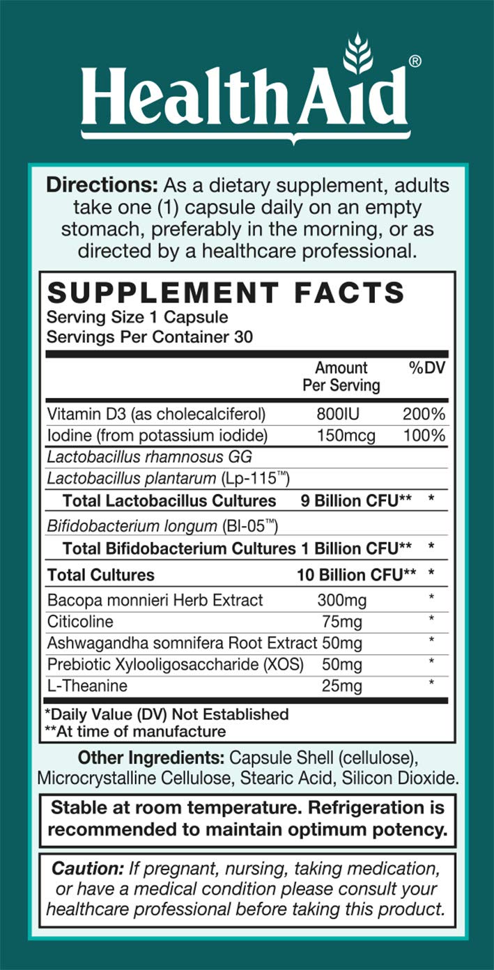 FocusProbio for Adults – 10 Billion CFU Probiotic with Prebiotic, Bacopa, Citicoline, L‑Theanine, Ashwagandha & Vitamin D₃ | Supports Focus, Mood & Gut-Brain Balance – Vegetarian, Once Daily - Maple Wellness Supplements