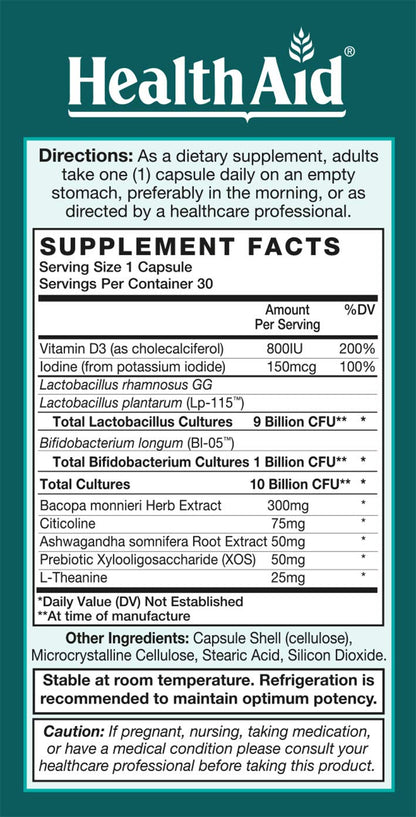 FocusProbio for Adults – 10 Billion CFU Probiotic with Prebiotic, Bacopa, Citicoline, L‑Theanine, Ashwagandha & Vitamin D₃ | Supports Focus, Mood & Gut-Brain Balance – Vegetarian, Once Daily - Maple Wellness Supplements