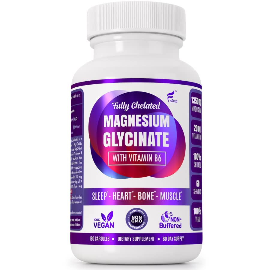 Folona Magnesium Glycinate with Vitamin B6 Research Proven to Enhance Absorption, 1350mg Fully Chelated - Supports Sleep, Stress Relief, Energy, Muscle Cramps - Gluten Free, NonGMO, 180 Vegan Capsules - Maple Wellness Supplements