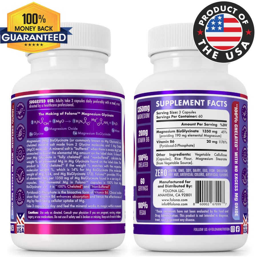 Folona Magnesium Glycinate with Vitamin B6 Research Proven to Enhance Absorption, 1350mg Fully Chelated - Supports Sleep, Stress Relief, Energy, Muscle Cramps - Gluten Free, NonGMO, 180 Vegan Capsules - Maple Wellness Supplements