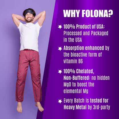 Folona Magnesium Glycinate with Vitamin B6 Research Proven to Enhance Absorption, 1350mg Fully Chelated - Supports Sleep, Stress Relief, Energy, Muscle Cramps - Gluten Free, NonGMO, 180 Vegan Capsules - Maple Wellness Supplements