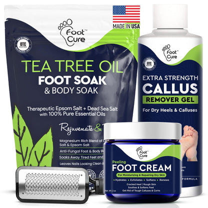 FOOT CURE Exfoliator & Callus Remover Pedicure Set – Care Kit Includes File for Dead Skin, Tea Tree Oil Soak Salts, Urea Cream 40 Percent Removal Gel Made in USA, 4 Piece - Maple Wellness Supplements