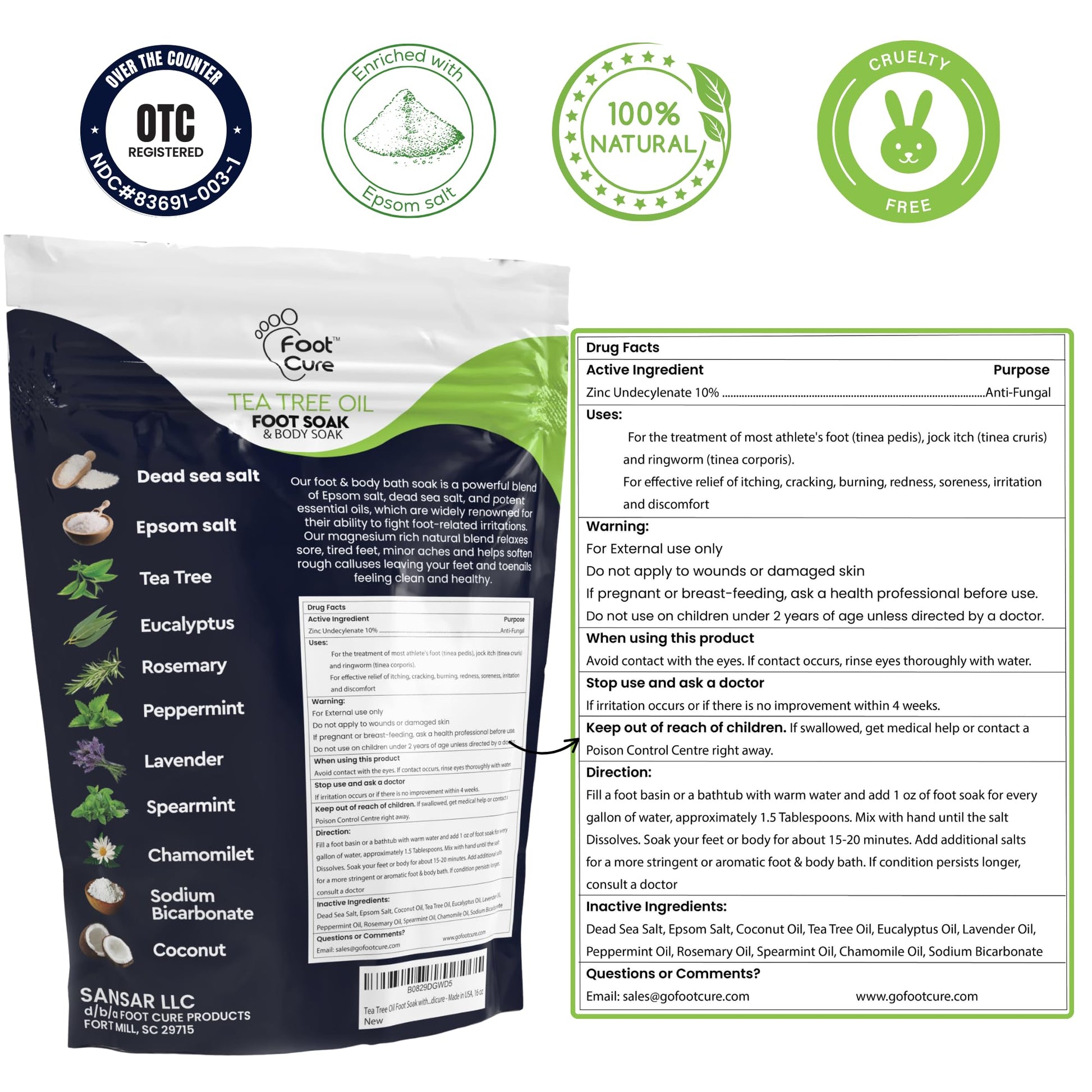 FOOT CURE Tea Tree Oil Foot Soak with Epsom Salt - Best Toenail Fungus Treatment, Athletes Foot & Softens Calluses - Soothes Sore & Tired Feet, Fungal Toe, Foot Odor Scent, Spa Pedicure (Pack of 2) - Maple Wellness Supplements