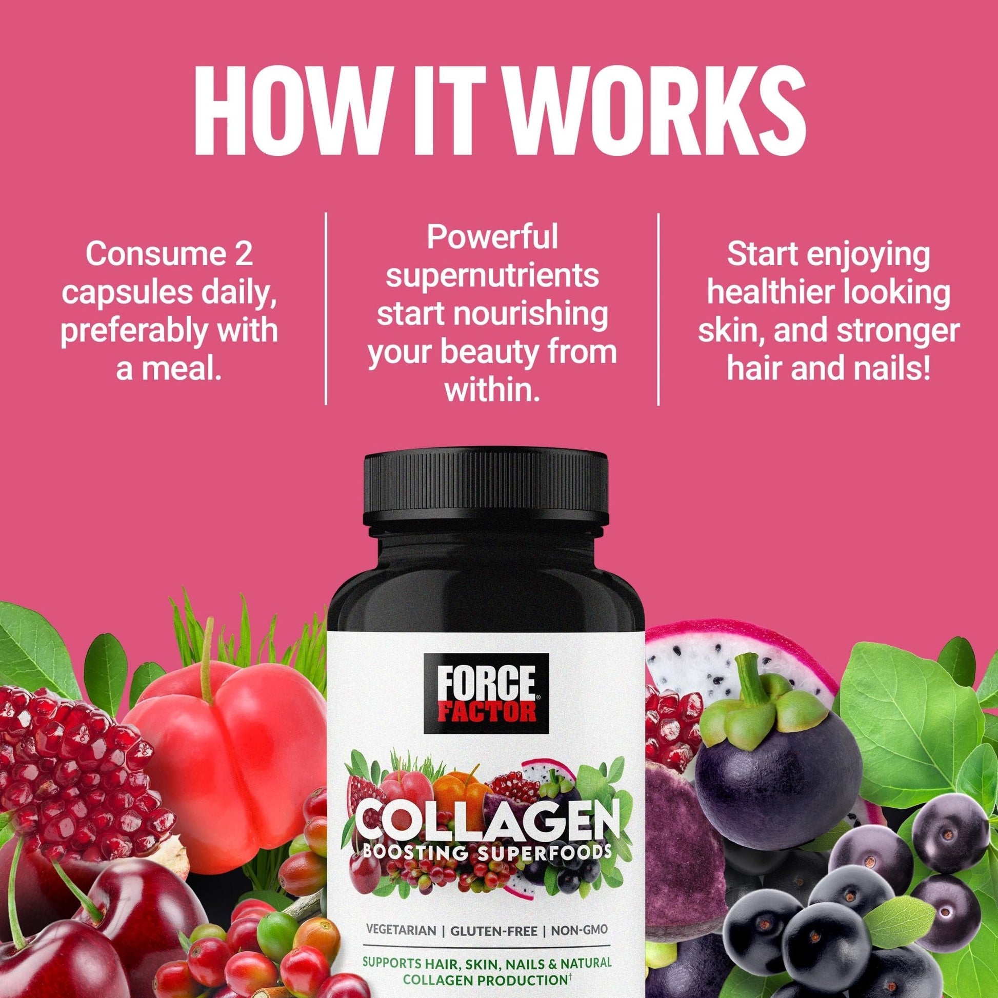 Force Factor Collagen Boosting Superfoods, Vegan Collagen Booster with Hyaluronic Acid, Biotin, Bamboo, Amino Acids & Vitamins for Hair, Skin, and Nails, Strengthener and Skin Supplement, 60 Capsules - Maple Wellness Supplements