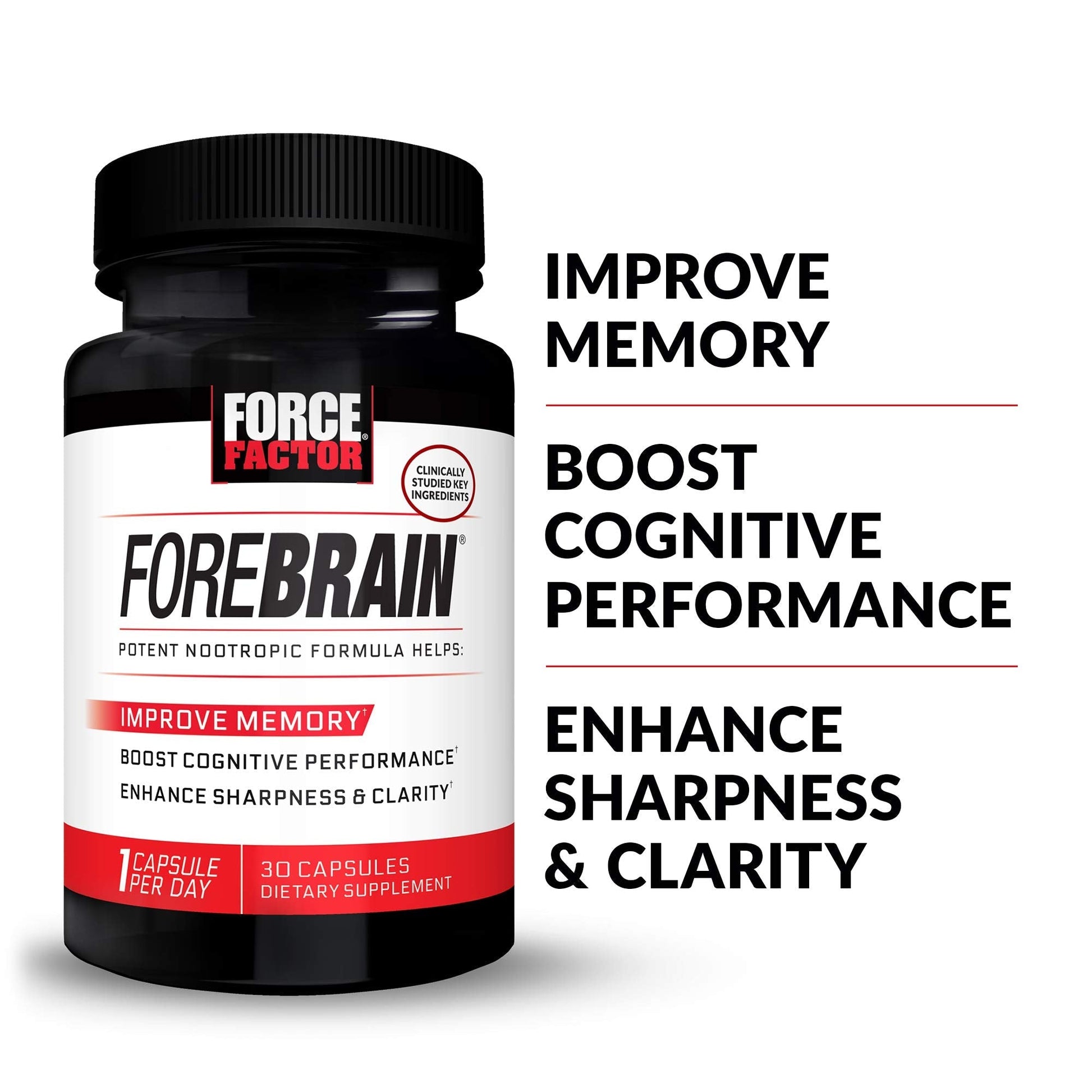 Force Factor Forebrain Nootropic Brain Supplement to Improve Memory, Boost Focus, Increase Mental Energy, and Support Brain Health with Caffeine, Bacopa, and Huperzine A, 30 Capsules - Maple Wellness Supplements