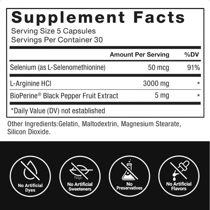 Force Factor L-Arginine Nitric Oxide Supplement with BioPerine to Help Build Muscle and Support Stronger Blood Flow, Circulation, Nutrient Delivery - Maple Wellness Supplements