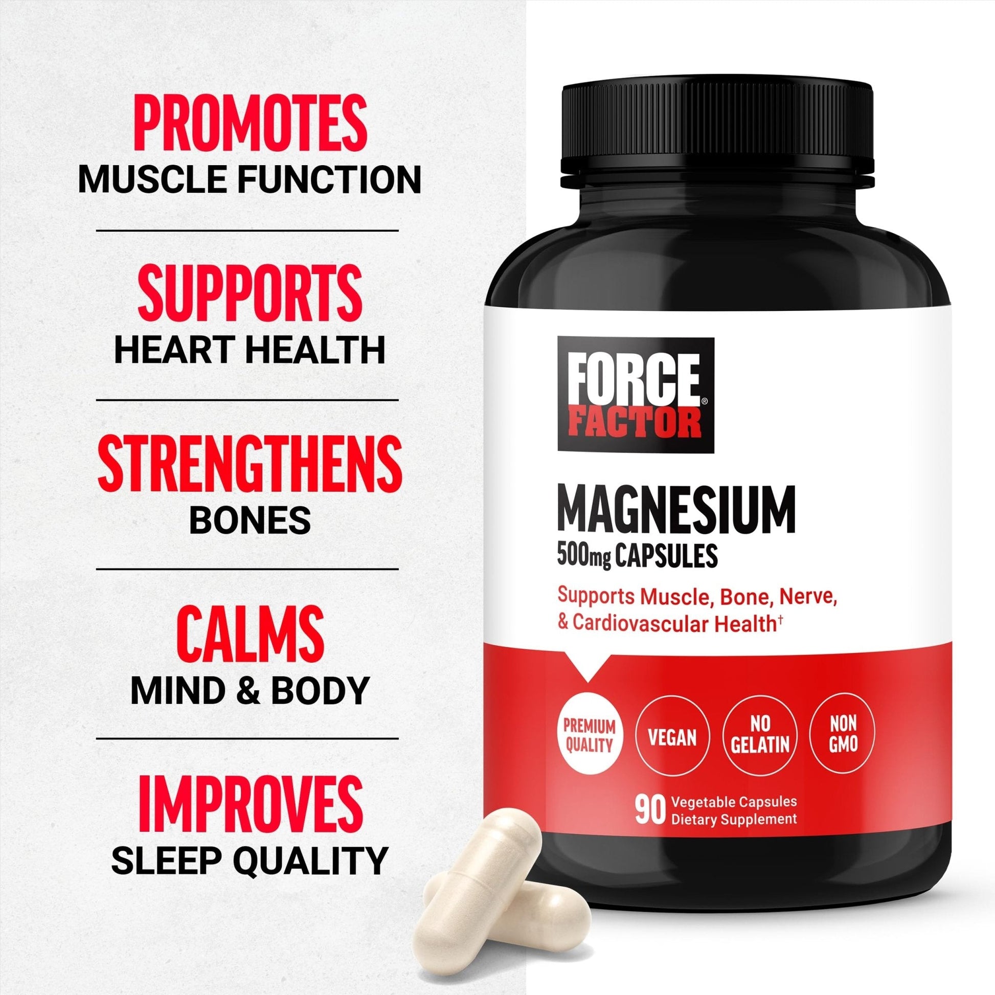 Force Factor Magnesium Complex Supplement to Support Muscles, Bones, Nerves, and Cardiovascular Health, Magnesium Glycinate, Magnesium Citrate, and Magnesium Oxide, Vegan, Non-GMO, 90 Capsules - Maple Wellness Supplements