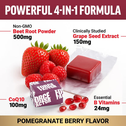 Force Factor Total Beets Ultimate Heart Health Chews for Blood Pressure Support, with Beetroot Powder, CoQ10, B Vitamins & Grapeseed Extract for Blood Flow & Energy - Maple Wellness Supplements