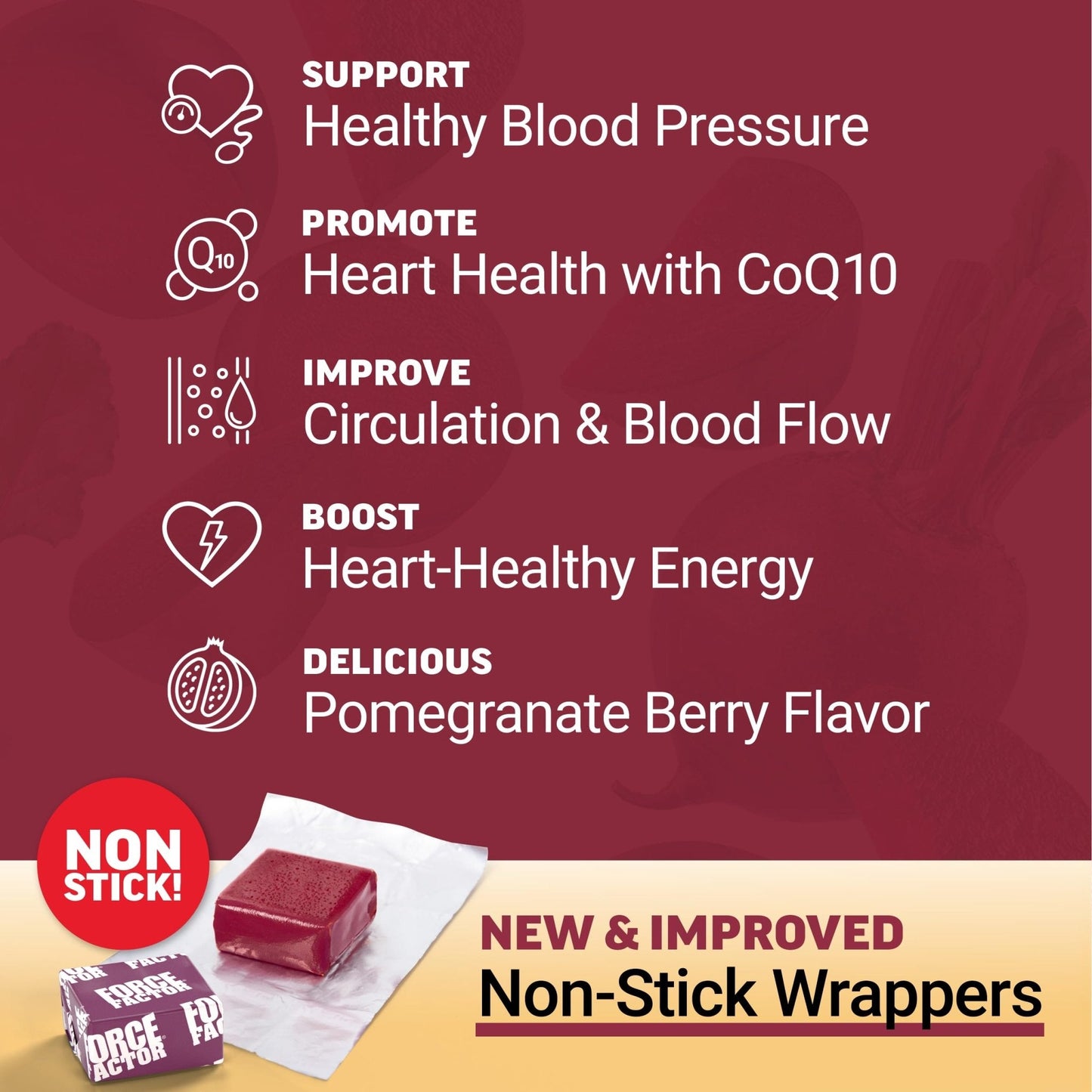 Force Factor Total Beets Ultimate Heart Health Chews for Blood Pressure Support, with Beetroot Powder, CoQ10, B Vitamins & Grapeseed Extract for Blood Flow & Energy - Maple Wellness Supplements
