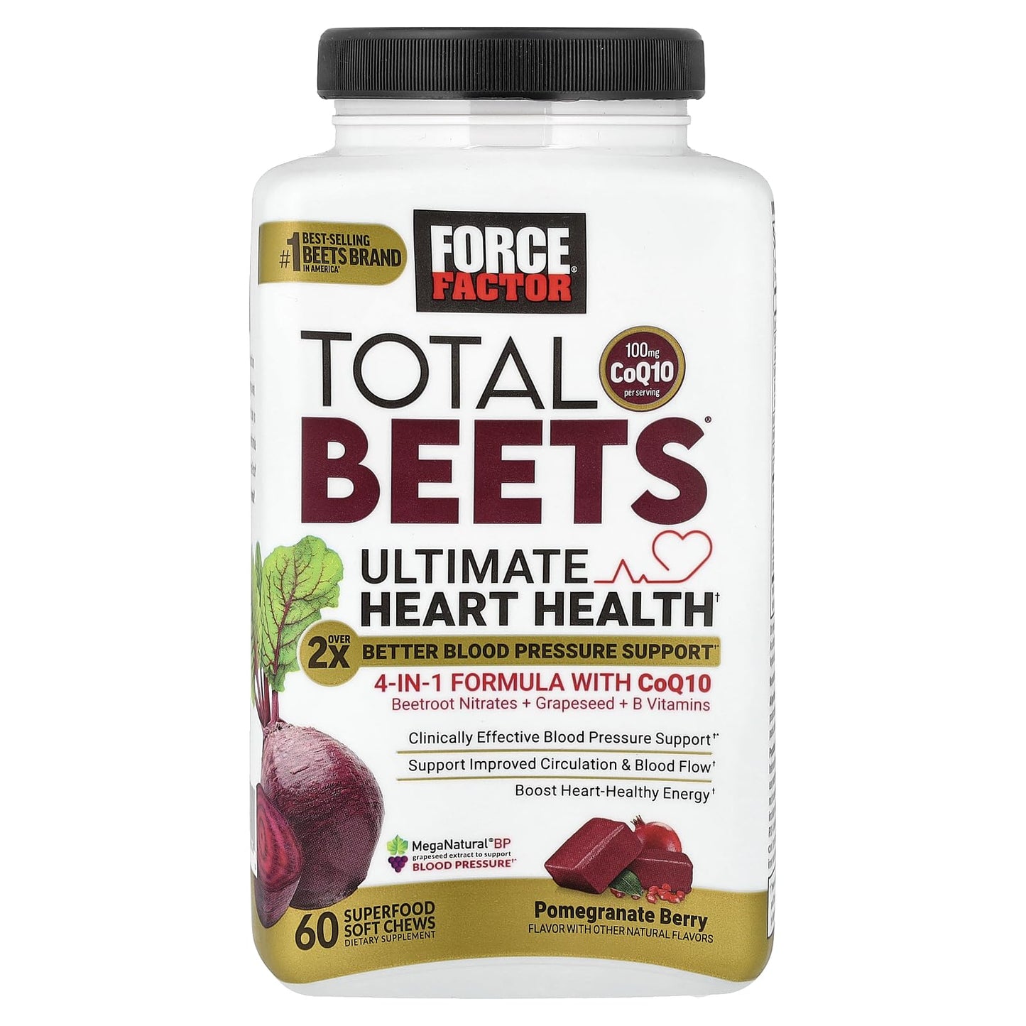 Force Factor Total Beets Ultimate Heart Health Chews for Blood Pressure Support, with Beetroot Powder, CoQ10, B Vitamins & Grapeseed Extract for Blood Flow & Energy - Maple Wellness Supplements