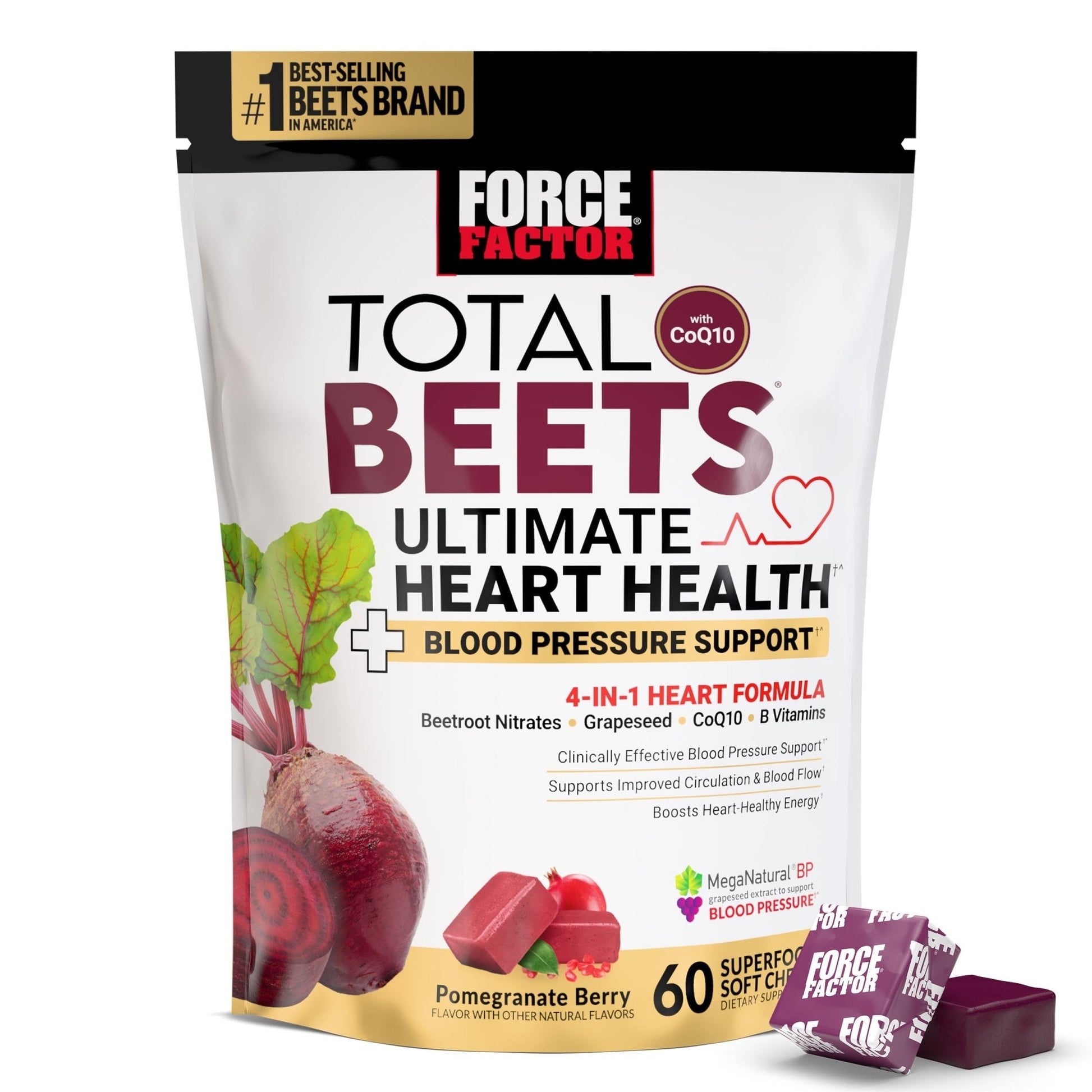 Force Factor Total Beets Ultimate Heart Health Chews for Blood Pressure Support, with Beetroot Powder, CoQ10, B Vitamins & Grapeseed Extract for Blood Flow & Energy - Maple Wellness Supplements
