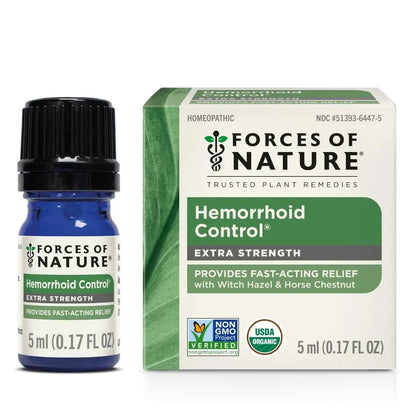 Forces of Nature Hemorrhoid Control Extra Strength, Organic Homeopathic Medicine with Witch Hazel, Horse Chestnut, and Soothing Essential Oils for Itching, Swelling & Discomfort, 5ml (0.17 fl oz) - Maple Wellness Supplements
