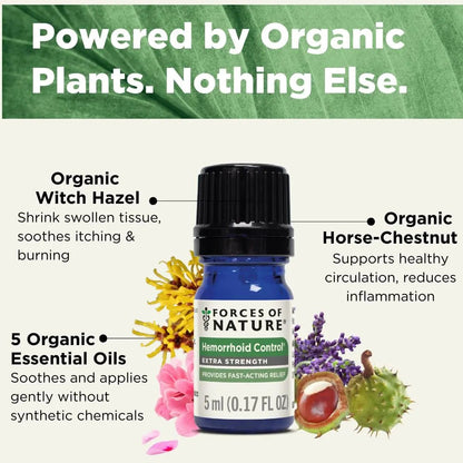 Forces of Nature Hemorrhoid Control Extra Strength, Organic Homeopathic Medicine with Witch Hazel, Horse Chestnut, and Soothing Essential Oils for Itching, Swelling & Discomfort, 5ml (0.17 fl oz) - Maple Wellness Supplements