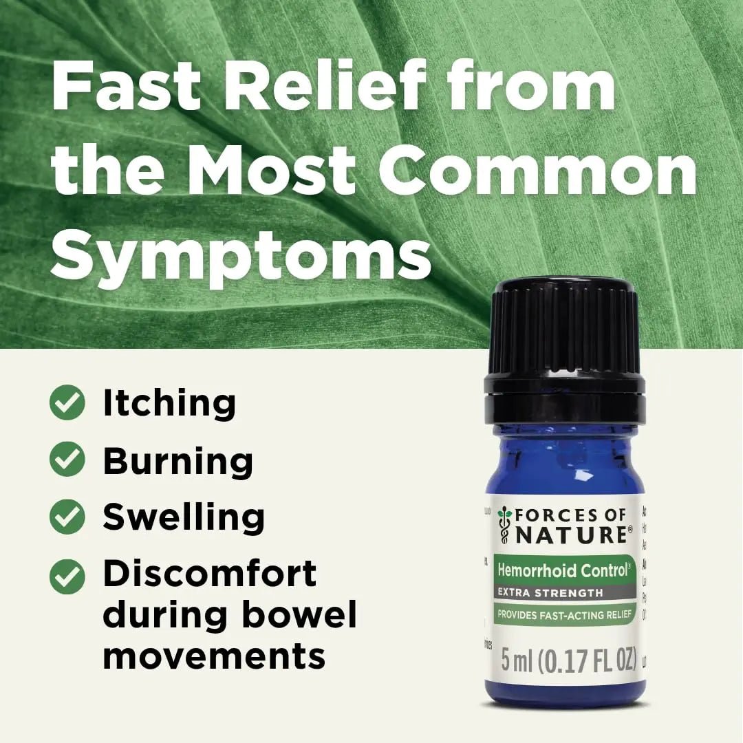 Forces of Nature Hemorrhoid Control Extra Strength, Organic Homeopathic Medicine with Witch Hazel, Horse Chestnut, and Soothing Essential Oils for Itching, Swelling & Discomfort, 5ml (0.17 fl oz) - Maple Wellness Supplements