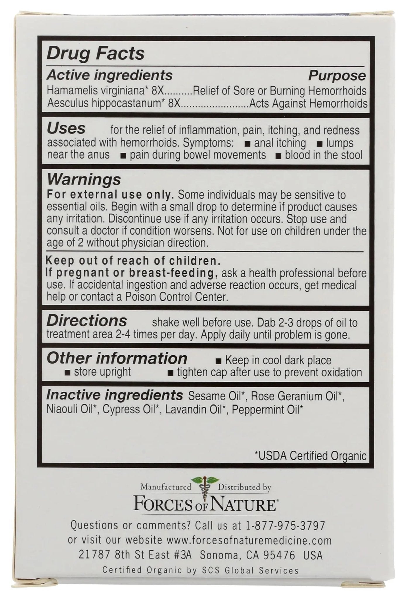 Forces of Nature Hemorrhoid Control Extra Strength, Organic Homeopathic Medicine with Witch Hazel, Horse Chestnut, and Soothing Essential Oils for Itching, Swelling & Discomfort, 5ml (0.17 fl oz) - Maple Wellness Supplements