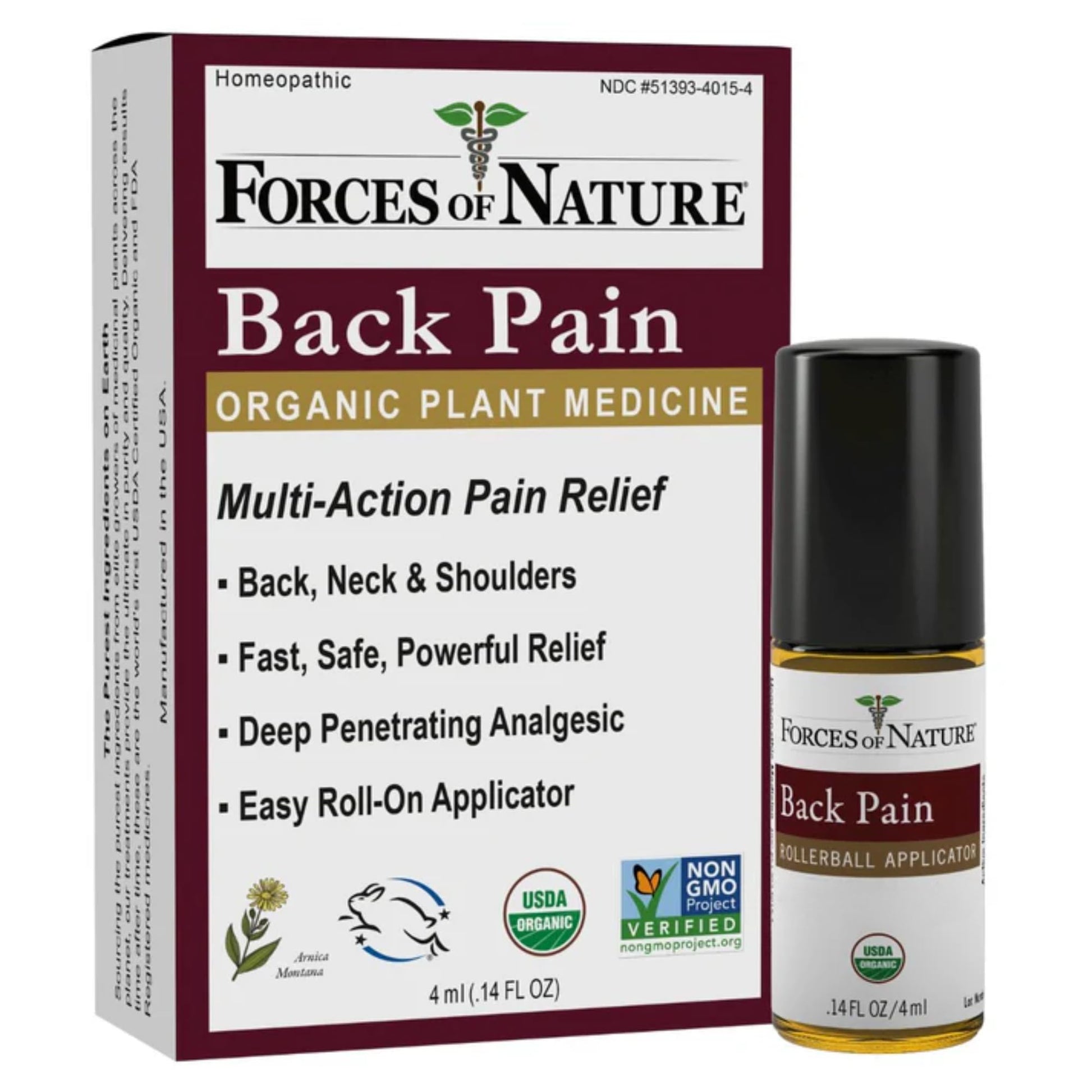 Forces of Nature Natural, Organic Back Pain Relief, w/Arnica & St John's Wort, Fast Acting Anti-Inflammatory Topical Muscle Soother for Lower Back, Sciatica, Neck, Non-GMO, Cruelty-Free, 0.14 Fl Oz - Maple Wellness Supplements