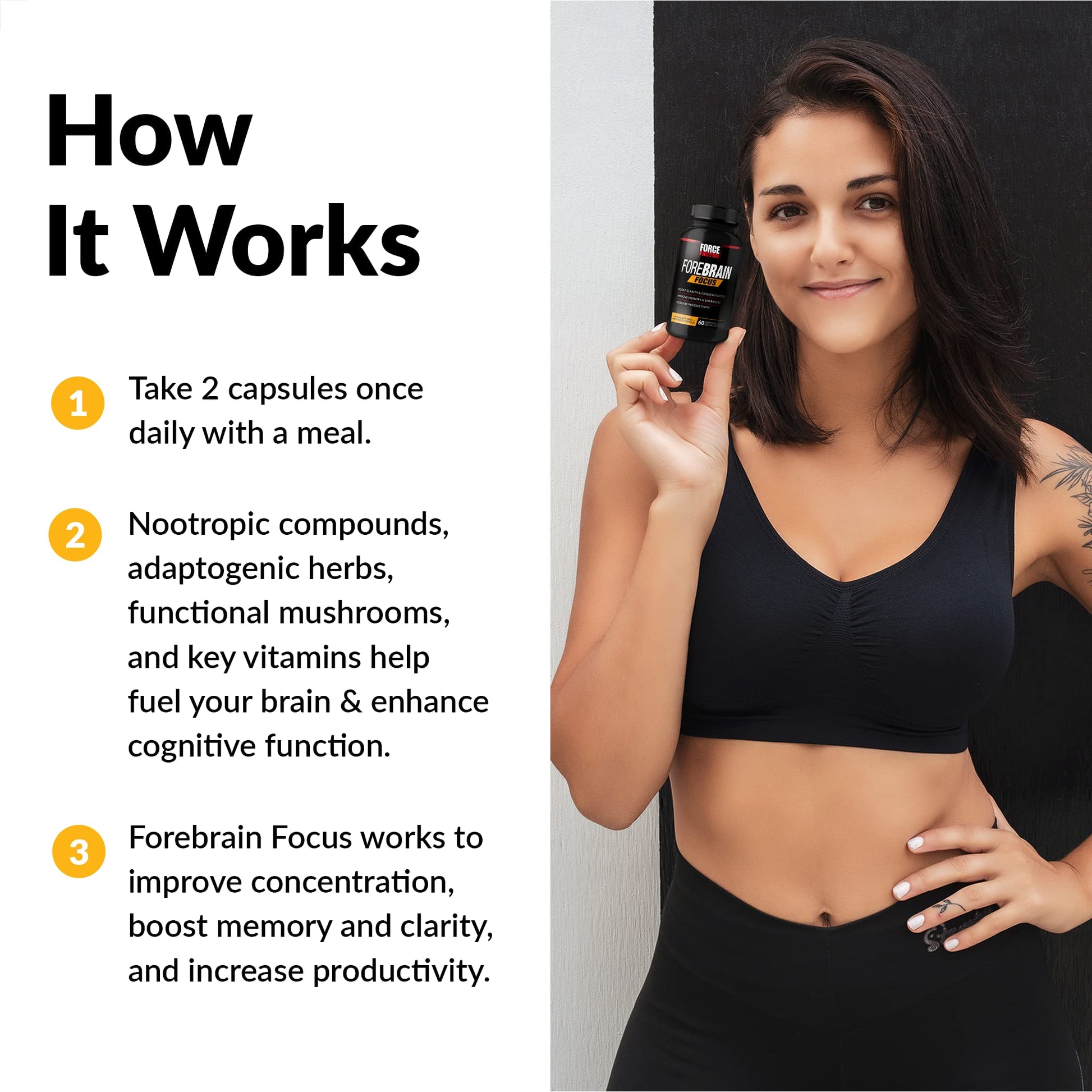 Forebrain Focus Brain Booster, Brain Supplement to Boost Clarity & Concentration, Improve Memory & Sharpness & Productivity, Nootropic Brain Support Supplement, Force Factor, 120 Capsules, Black - Maple Wellness Supplements