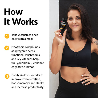 Forebrain Focus Brain Booster, Brain Supplement to Boost Clarity & Concentration, Improve Memory & Sharpness & Productivity, Nootropic Brain Support Supplement, Force Factor, 120 Capsules, Black - Maple Wellness Supplements