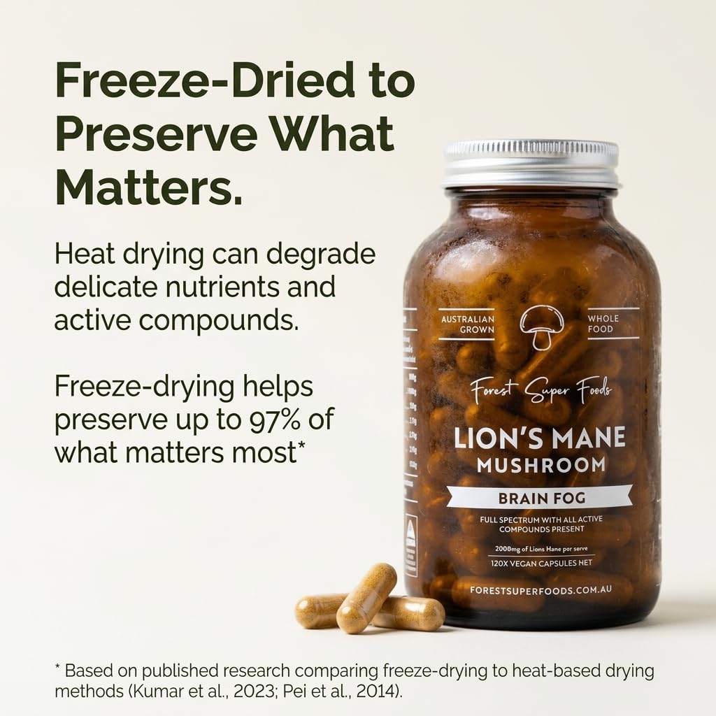 Forest Super Foods Lions Mane Supplement Capsules (120 Capsules) Organic Lions Mane Mushroom | Memory Lift Brain Supplement for Focus and Productivity. Lion Mane, Grown & Made in Australia - Maple Wellness Supplements