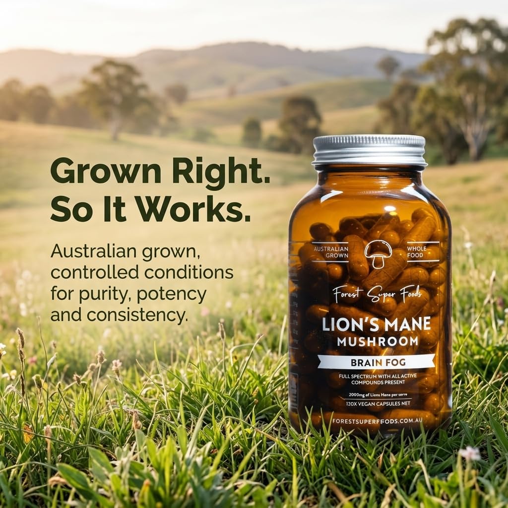 Forest Super Foods Lions Mane Supplement Capsules (120 Capsules) Organic Lions Mane Mushroom | Memory Lift Brain Supplement for Focus and Productivity. Lion Mane, Grown & Made in Australia - Maple Wellness Supplements