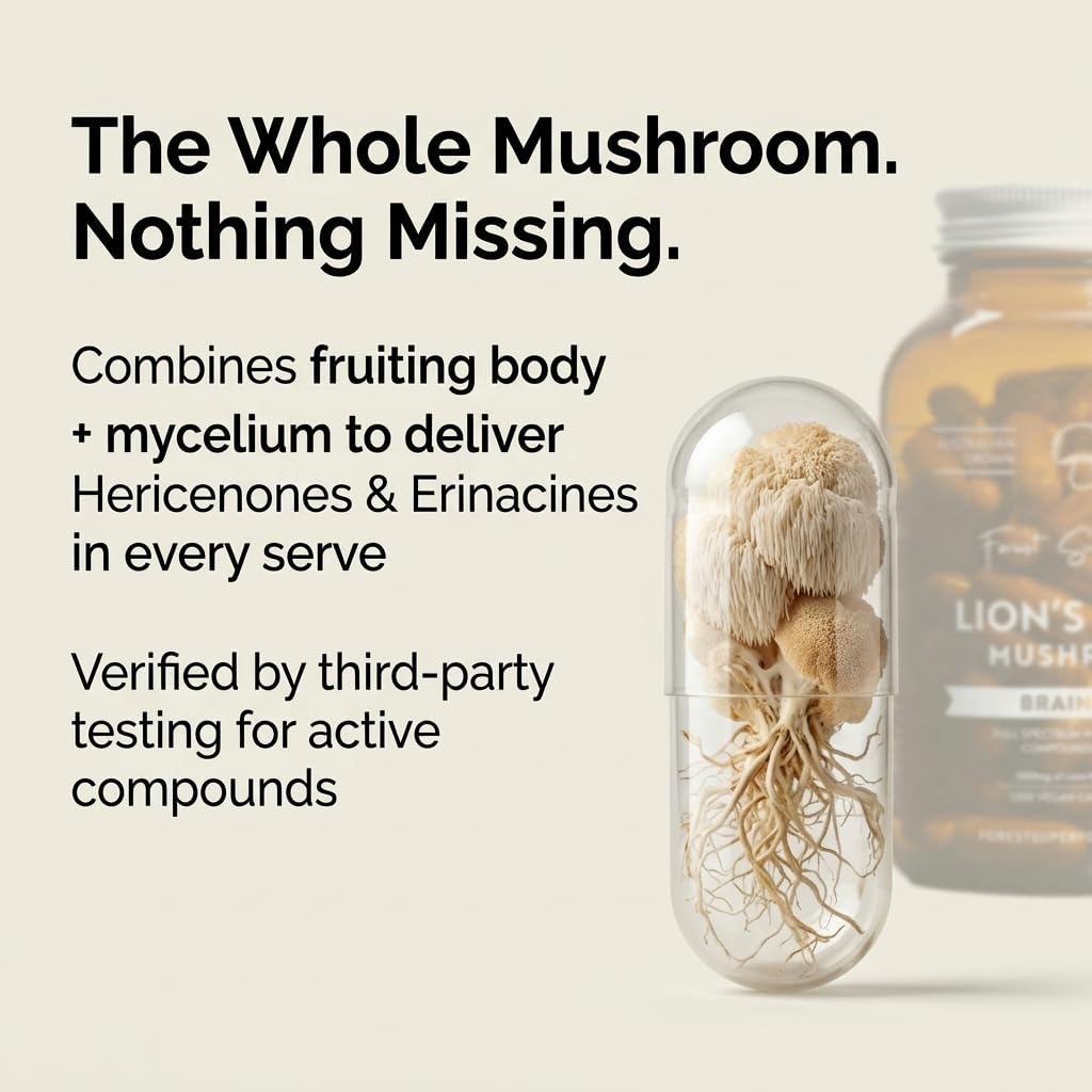 Forest Super Foods Lions Mane Supplement Capsules (120 Capsules) Organic Lions Mane Mushroom | Memory Lift Brain Supplement for Focus and Productivity. Lion Mane, Grown & Made in Australia - Maple Wellness Supplements