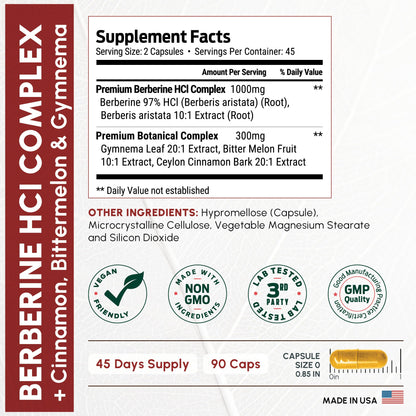 ForestLeaf Berberine Supplement - 1300mg per Serving - Ultra High Potency Berberine HCl with Ceylon Cinnamon, Bitter Melon & Gymnema - Maple Wellness Supplements