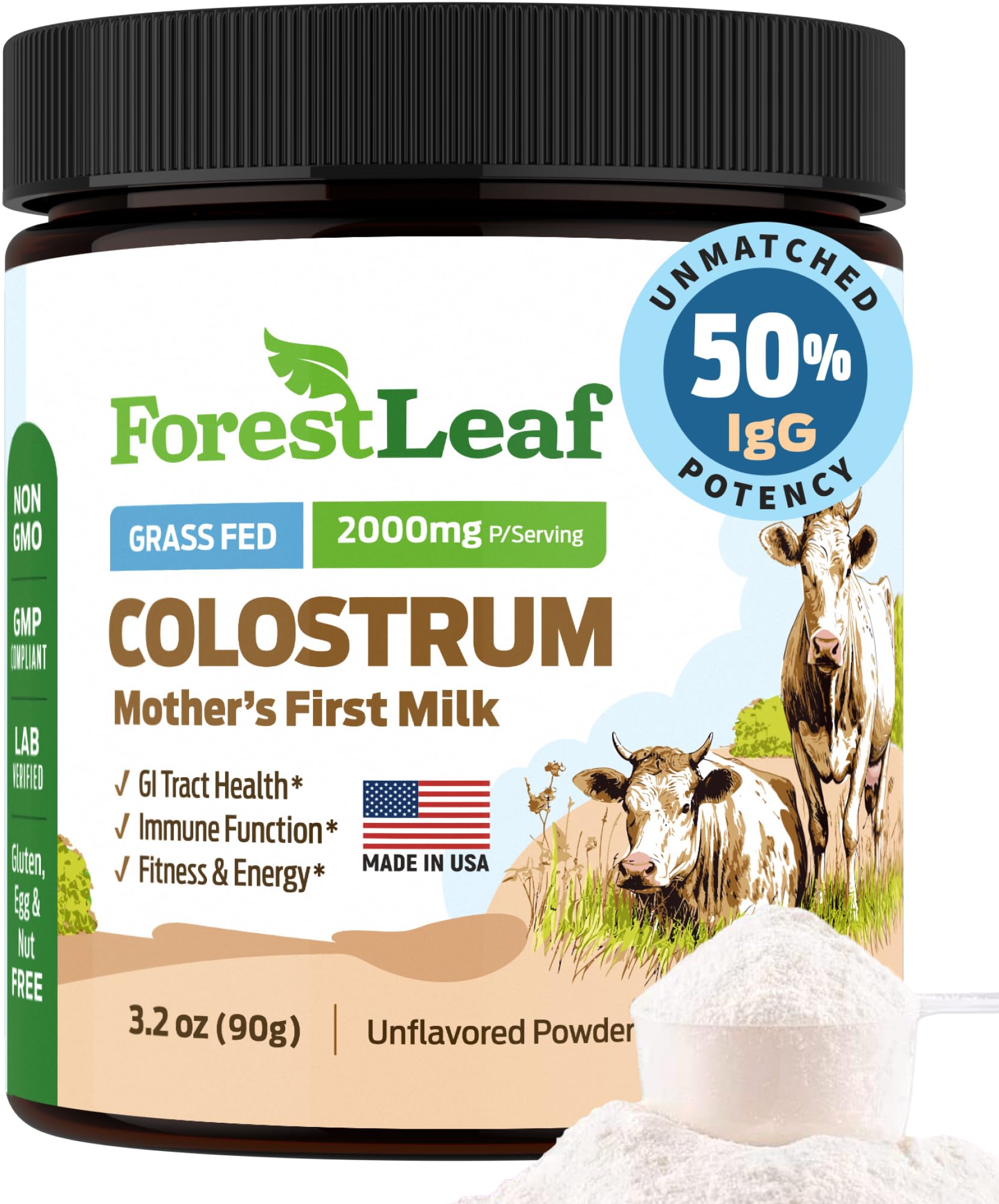 ForestLeaf Colostrum Powder 50% IgG Highest Concentration - Grass Fed Bovine - Maple Wellness Supplements