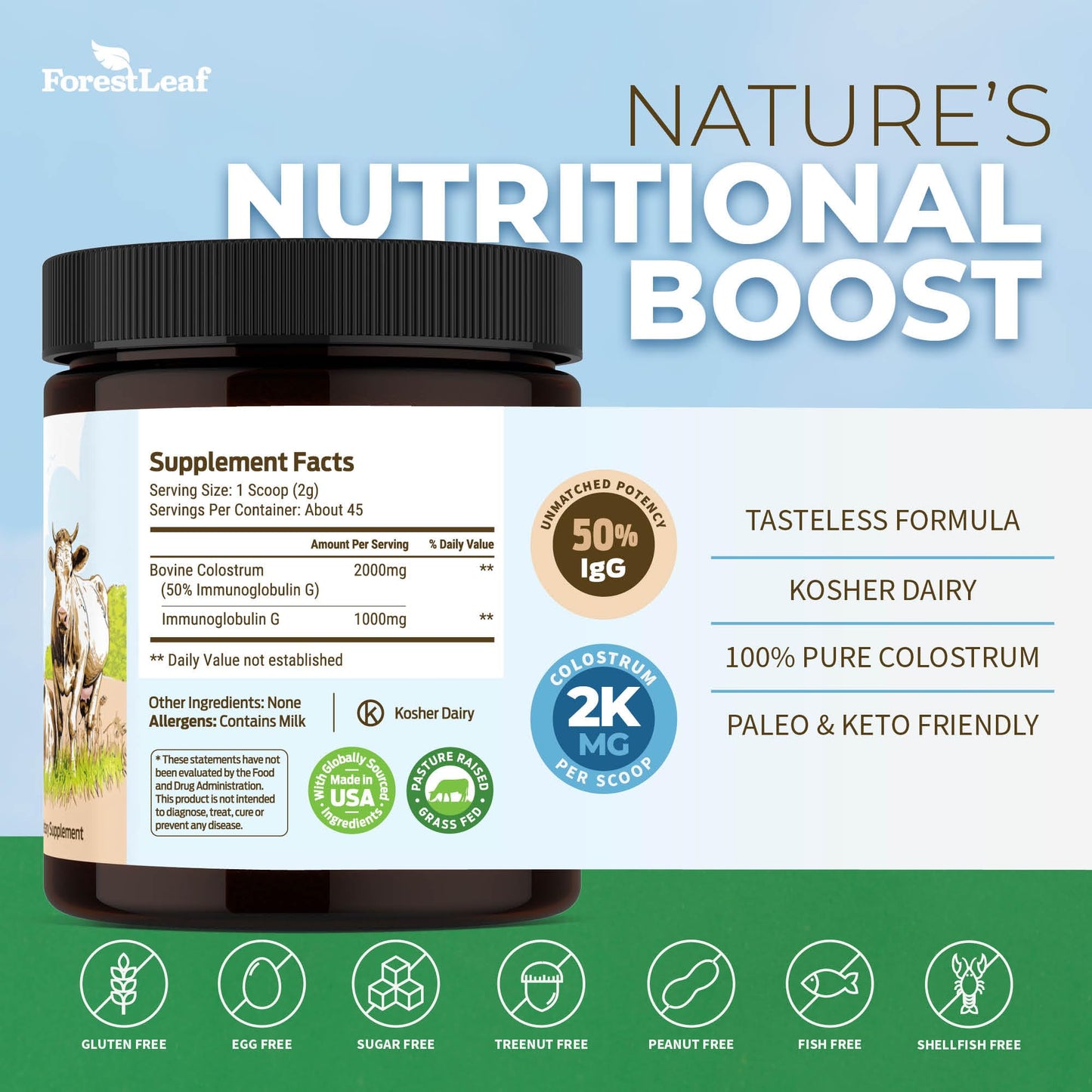 ForestLeaf Colostrum Powder 50% IgG Highest Concentration - Grass Fed Bovine - Maple Wellness Supplements