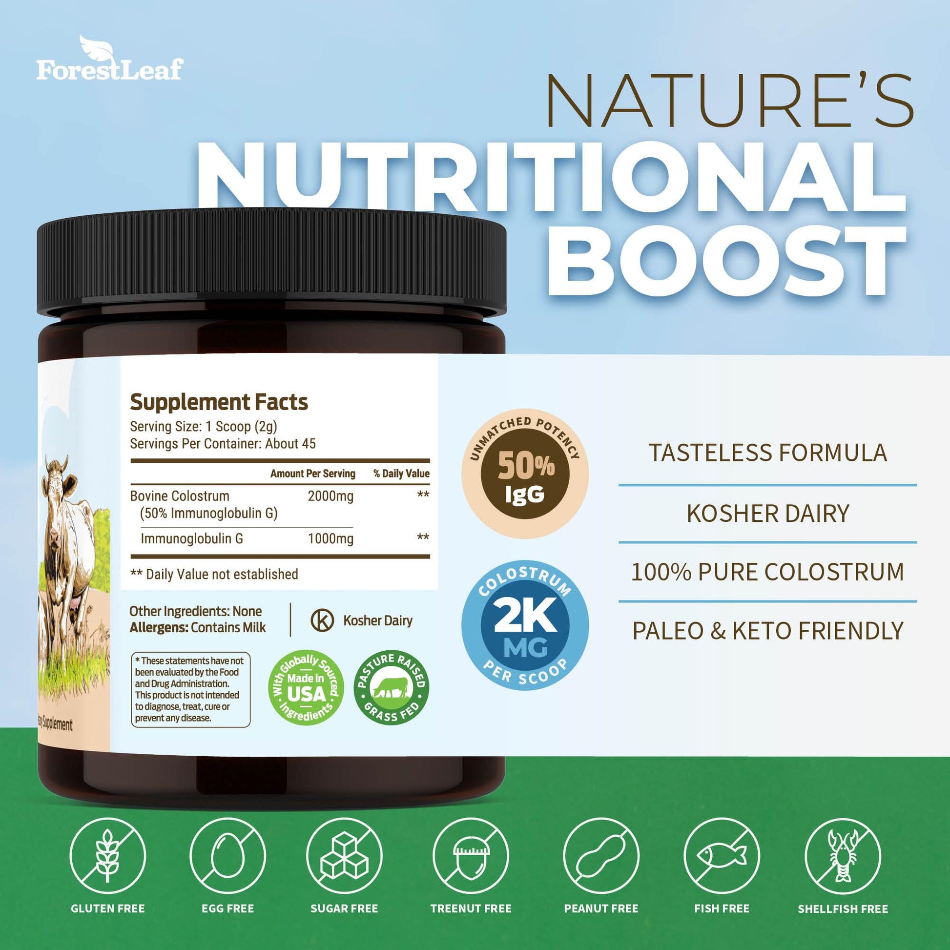 ForestLeaf Colostrum Powder 50% IgG Highest Concentration - Grass Fed Bovine - Maple Wellness Supplements