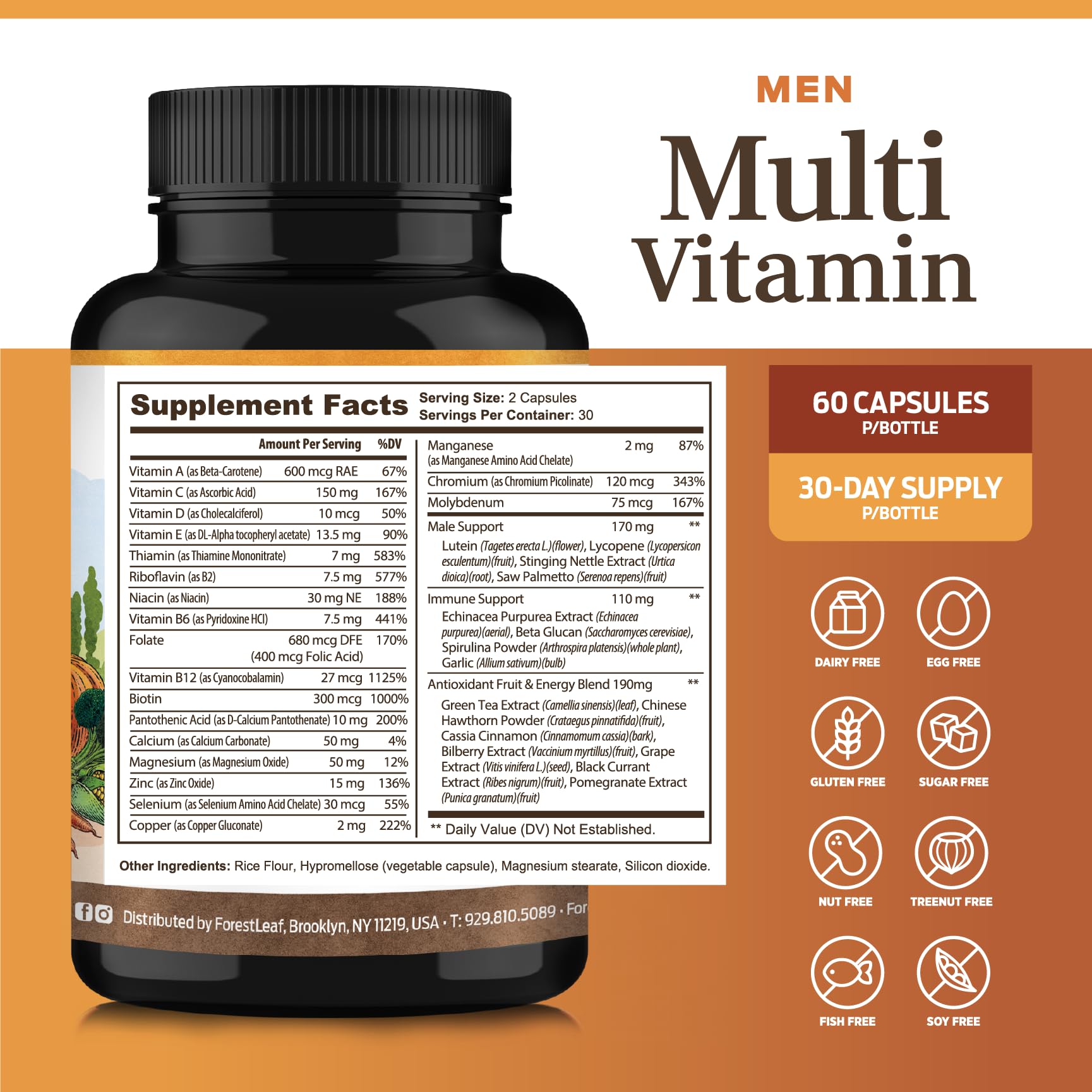 ForestLeaf Daily Vitamin Multivitamin for Men, Multi-Vitamin for Men - Mens Multivitamins & Multiminerals Supplement | All Essential Vitamins Needed for Health, Longevity & Energy | 60 Veg Caps - Maple Wellness Supplements
